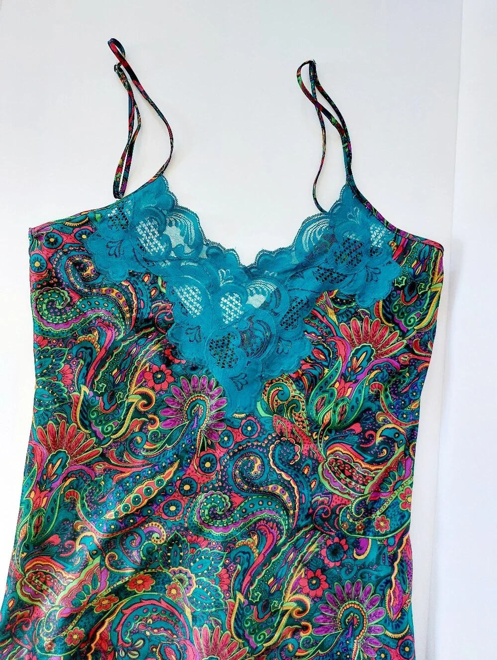 80s‎ Turquoise Paisley Chemise Nightgown Small Victoria Secret Boudoir Negligee